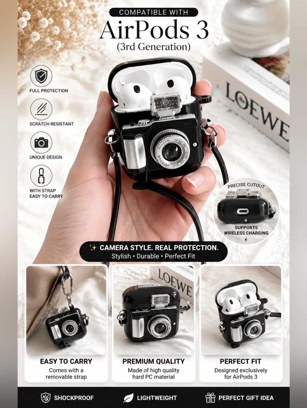 CAMERA -STYLE COMPATIBLE WITH AIRPODS 3 CASE - Black